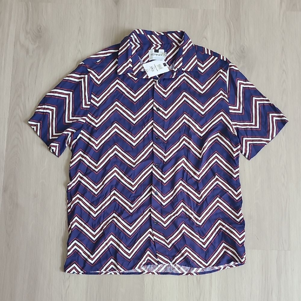 Topman NWT short-sleeve shirt Button blue white red chevron XXL casual Camp